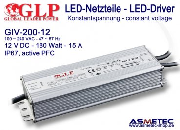 Schaltnetzteil GLP GIV-200-12, 12 Volt DC, 180 Watt, PFC, IP67
