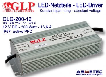 Schaltnetzteil GLP GLG-200-12, 12 Volt DC, 200 Watt, PFC, IP67
