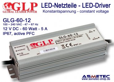 LED driver GLP GLG-60-12, 12 Volt DC, 60 Watt, PFC, IP67