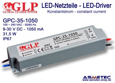 Schaltnetzteil GLP GPC-35-1050, 1050 mA, 9-30 VDC, 31,5 Watt, IP67