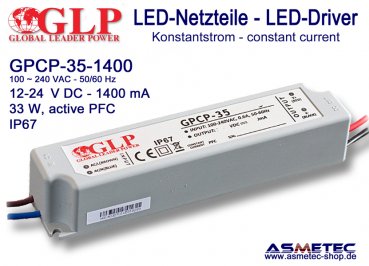 Schaltnetzteil GLP GPCP-35-1400, 1400 mA, 12-24 VDC, 33 Watt, PFC, IP67