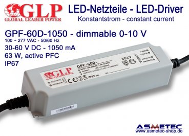 LED-Netzteil GLP - GPF-60D-1050, 1050 mA, 63 Watt, dimmbar - www.asmetec-shop.de