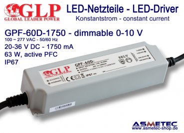 LED-Netzteil GLP - GPF-60D-1750, 1750 mA, 63 Watt, dimmbar - www.asmetec-shop.de