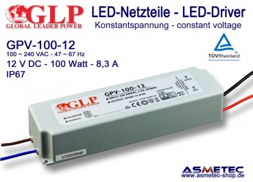Schaltnetzteil GLP GPV-100-12, 12 Volt DC, 100 Watt, IP67, TÜV