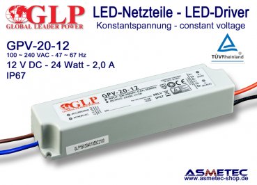 LED-Netzteil GLP - GPV-20-12, 12 VDC, 24 Watt - www.asmetec-shop.de