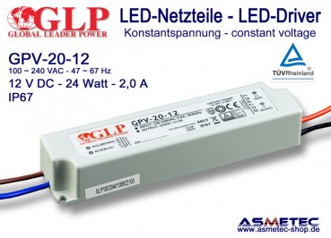 Schaltnetzteil GLP GPV-20-12, 12 Volt DC, 24 Watt, IP67, TÜV
