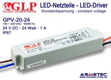 Schaltnetzteil GLP GPV-20-24, 24 Volt DC, 24 Watt, IP67, TÜV