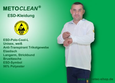 METOCLEAN ESD-Polo-Shirt PL-Cool-LS, weiß, extra Langarm, unisex - www.asmetec-shop.de