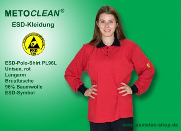 METOCLEAN ESD-Polo-Shirt PL96L, rot, Langarm, unisex - www.asmetec-shop.de