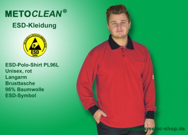 Metoclean ESD-Polo-Shirt PL96L-DR-S, long sleeves, red, size S