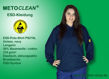METOCLEAN ESD-Polo-Shirt PS210L-NB, navy, Langarm, unisex - www.asmetec-shop.de