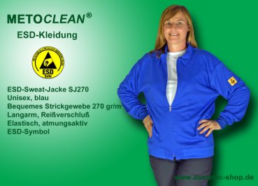 METOCLEAN ESD-Sweatjacke SJ270-RB, royalblau, Langarm, unisex - www.asmetec-shop.de