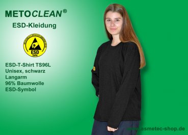 METOCLEAN ESD-T-Shirt TS96L, schwarz, Langarm, unisex - www.asmetec-shop.de