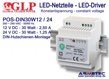 LED-Netzteil POS DIN30W12, 12 VDC, 30 Watt - www.asmetec-shop.de