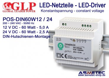 LED-Netzteil POS DIN60W12, 12 VDC, 60 Watt - www.asmetec-shop.de