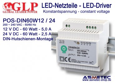 LED-driver GLP POS-DIN  60W12, 12 VDC, 60 Watt, DIN-Rail