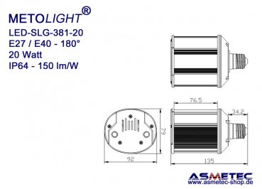 METOLIGHT LED-Lampe SLG381, 20 Watt, 2600 lm, warmweiß, 180°, IP64 - www.asmetec-shop.de