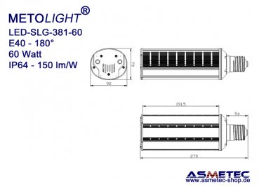 METOLIGHT LED-street bulb SLG381, 60 Watt, 180°, warm white, IP64 - www.asmetec-shop.de