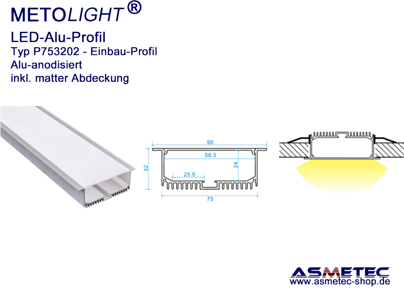 LED-Aluminium Profil P753202, anodisiert, 90 mm breit, 32 mm tief, 2 m  lang, Einbauprofil