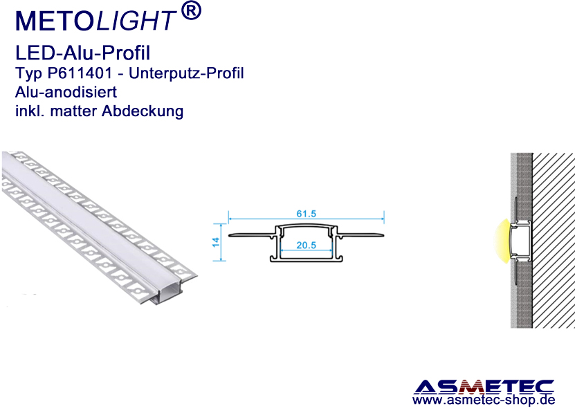 LED-Aluminium Profil P6114001 alu, unter Putz, 2 m lang - Asmetec