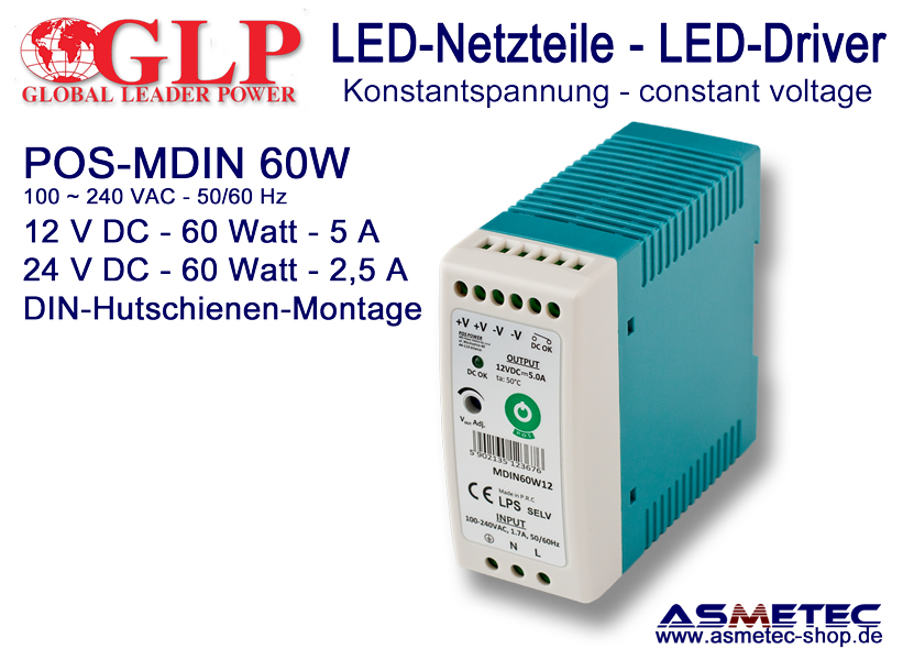 LED-driver POS-MDIN 60W12, 12 VDC, 60 Watt, DIN-Rail - Asmetec LED