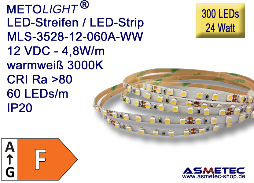 LED strip 3528, warm white, 12 VDC, 300 LEDs, 24 W, IP20, 5 m length