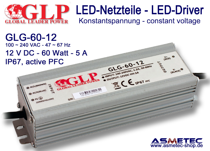 LED driver GLP GLG-60-12, 12 Volt DC, 60 Watt, PFC, IP67