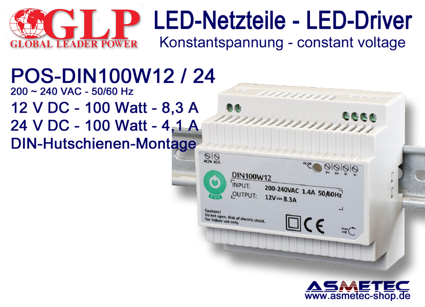 LED-Netzteil GLP POS-DIN 100W12, 12 VDC, 100 Watt, DIN-Hutschiene - Asmetec