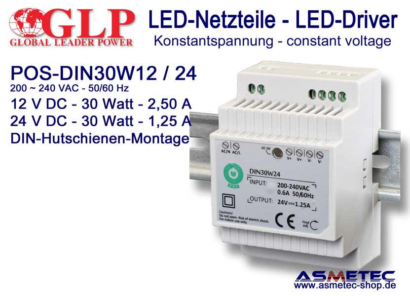 LED-driver GLP POS-DIN 30W24, 24 VDC, 30 Watt, DIN-Rail - Asmetec LED  Technology