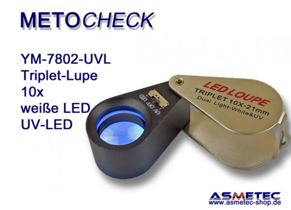 METOCHECK-YM7802-UV-LED, 10fach aplanat Triplet-Lupe mit UV-LED