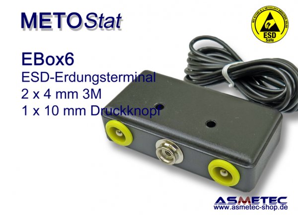 Metostat ESD Erdungsbox EBOX6, 1 x 10 mm Druckknopf, 2 x 33MJ banane - www.asmetec-shop.de