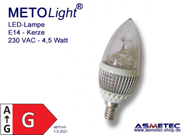 LED-Kerze-E14, 4 Watt, klar- www.asmetec-shop.de