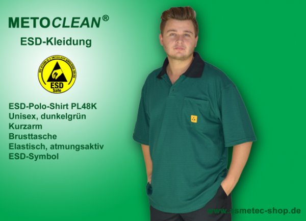 METOCLEAN ESD-Polo-Shirt PL48K-DG, grün, Kurzarm, unisex - www.asmetec-shop.de