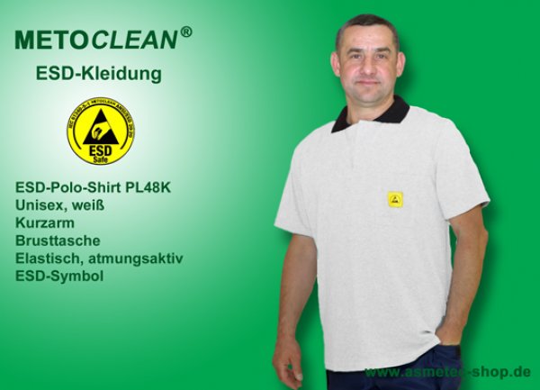 METOCLEAN ESD-Polo-Shirt PL48K-WS, white, Kurzarm, unisex - www.asmetec-shop.de