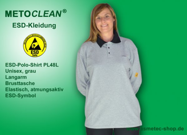 METOCLEAN ESD-Polo-Shirt PL48L-GR, grau, Langarm, unisex - www.asmetec-shop.de