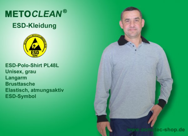 METOCLEAN ESD-Polo-Shirt PL48L-GR, grau, Langarm, unisex - www.asmetec-shop.de