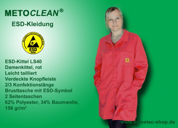 METOCLEAN ESD-Damenkittel LS40-DR, rot - www.asmetec-shop.de