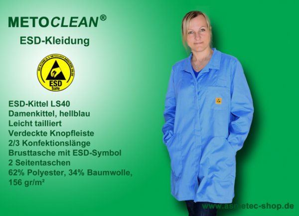 METOCLEAN ESD-Damenkittel LS40-LB, hellblau - www.asmetec-shop.de