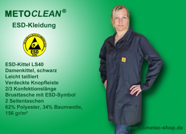 METOCLEAN ESD-Damenkittel LS40-SW, schwarz - www.asmetec-shop.de