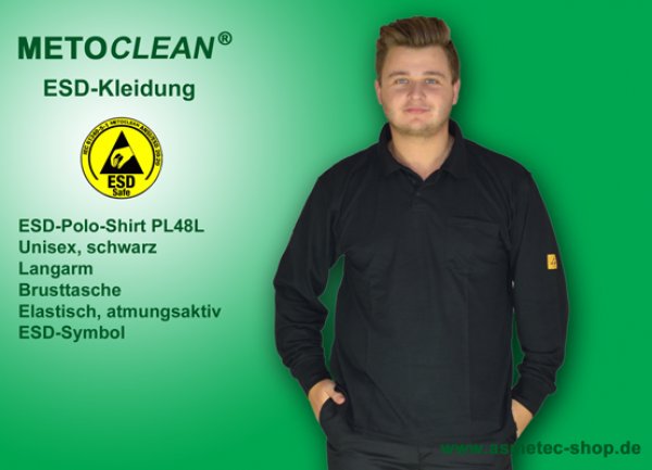 METOCLEAN ESD-Polo-Shirt PL48L-SW, schwarz, Langarm, unisex - www.asmetec-shop.de