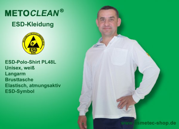 METOCLEAN ESD-Polo-Shirt PL48L-WS, weiß, Langarm, unisex - www.asmetec-shop.de