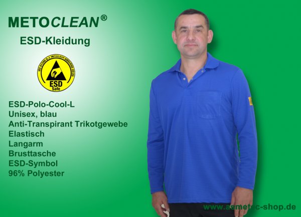 METOCLEAN ESD-Polo-Shirt PL-Cool-L-B, blau, Langarm, unisex - www.asmetec-shop.de