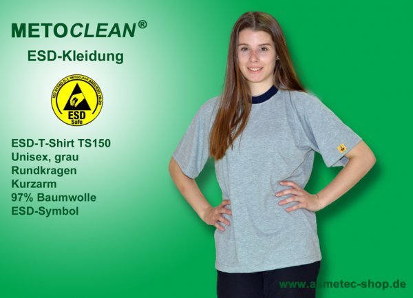 METOCLEAN ESD-T-Shirt TS150, grey, short sleeves, unisex - www.asmetec-shop.de