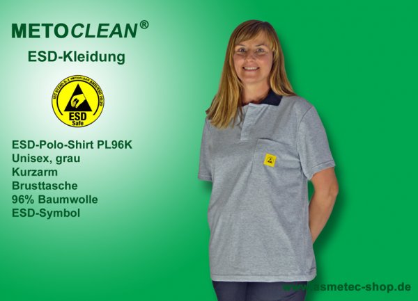 METOCLEAN ESD-Polo-Shirt PL96K, grau, Kurzarm, unisex - www.asmetec-shop.de