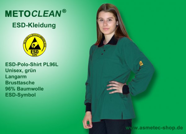 METOCLEAN ESD-Polo-Shirt PL96L, dunkelgrün, Langarm, unisex - www.asmetec-shop.de