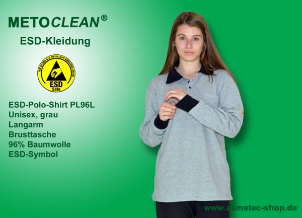 METOCLEAN ESD-Polo-Shirt PL96L, grau, Langarm, unisex - www.asmetec-shop.de