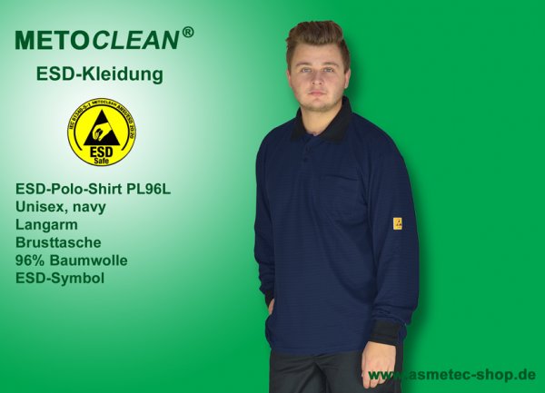 METOCLEAN ESD-Polo-Shirt PL96L, navy, Langarm, unisex - www.asmetec-shop.de