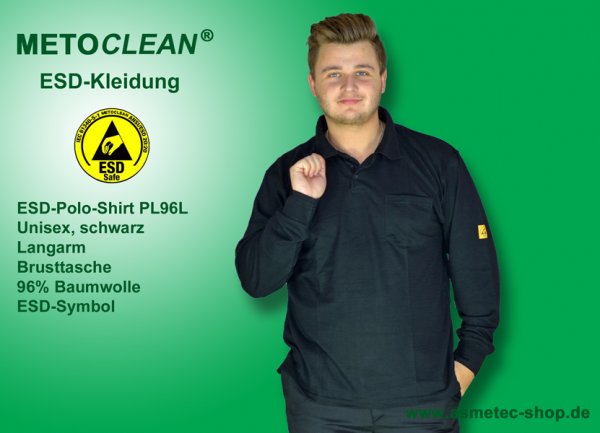 METOCLEAN ESD-Polo-Shirt PL96L, schwarz, Langarm, unisex - www.asmetec-shop.de