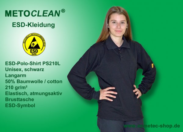 METOCLEAN ESD-Polo-Shirt PS210L-SW, schwarz, Langarm, unisex - www.asmetec-shop.de