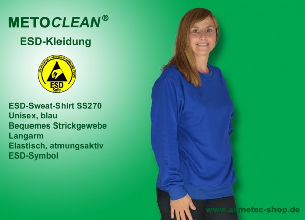 METOCLEAN ESD-Sweat-Shirt SS270-RB, royalblau, Langarm, unisex - www.asmetec-shop.de